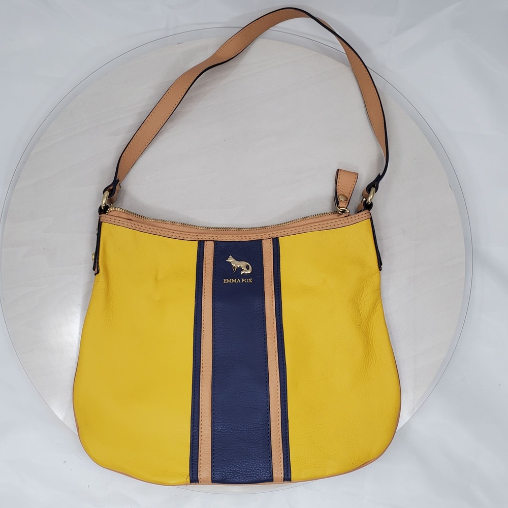 Emma Fox Yellow Leather Stripe Hobo Shoulder Bag Navy Blue Colorblock